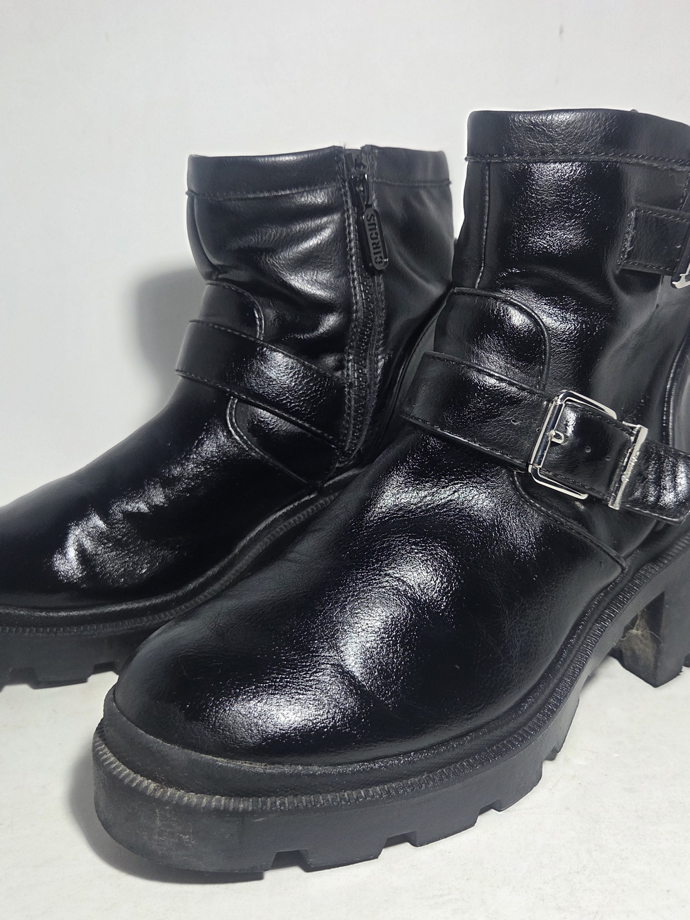 Circus NY Black Faux Leather Buckled Moto Chunky Lug Sole Ankle Boots